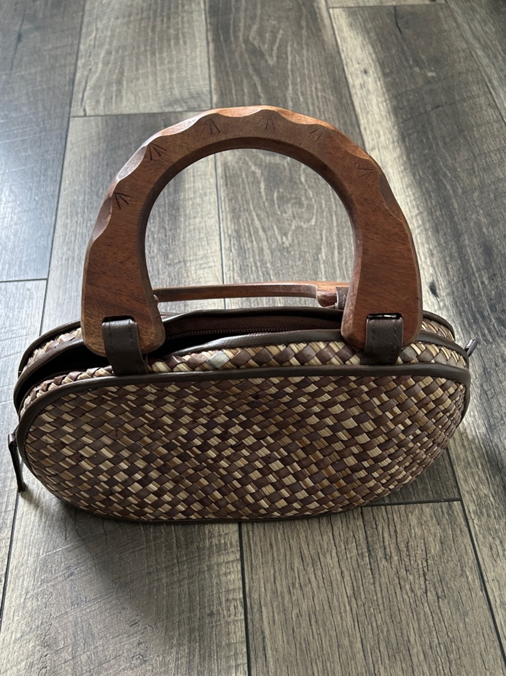 Woven Oval Handbag with Carved Wooden Handles - Brown
